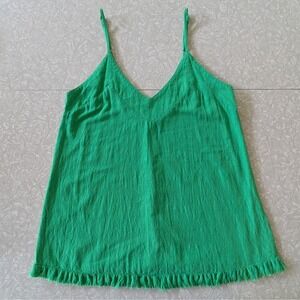 Medium Kelly Green Linen/Cotton Sleeveless V-Neck Spaghetti Strap Ruffle Fringe